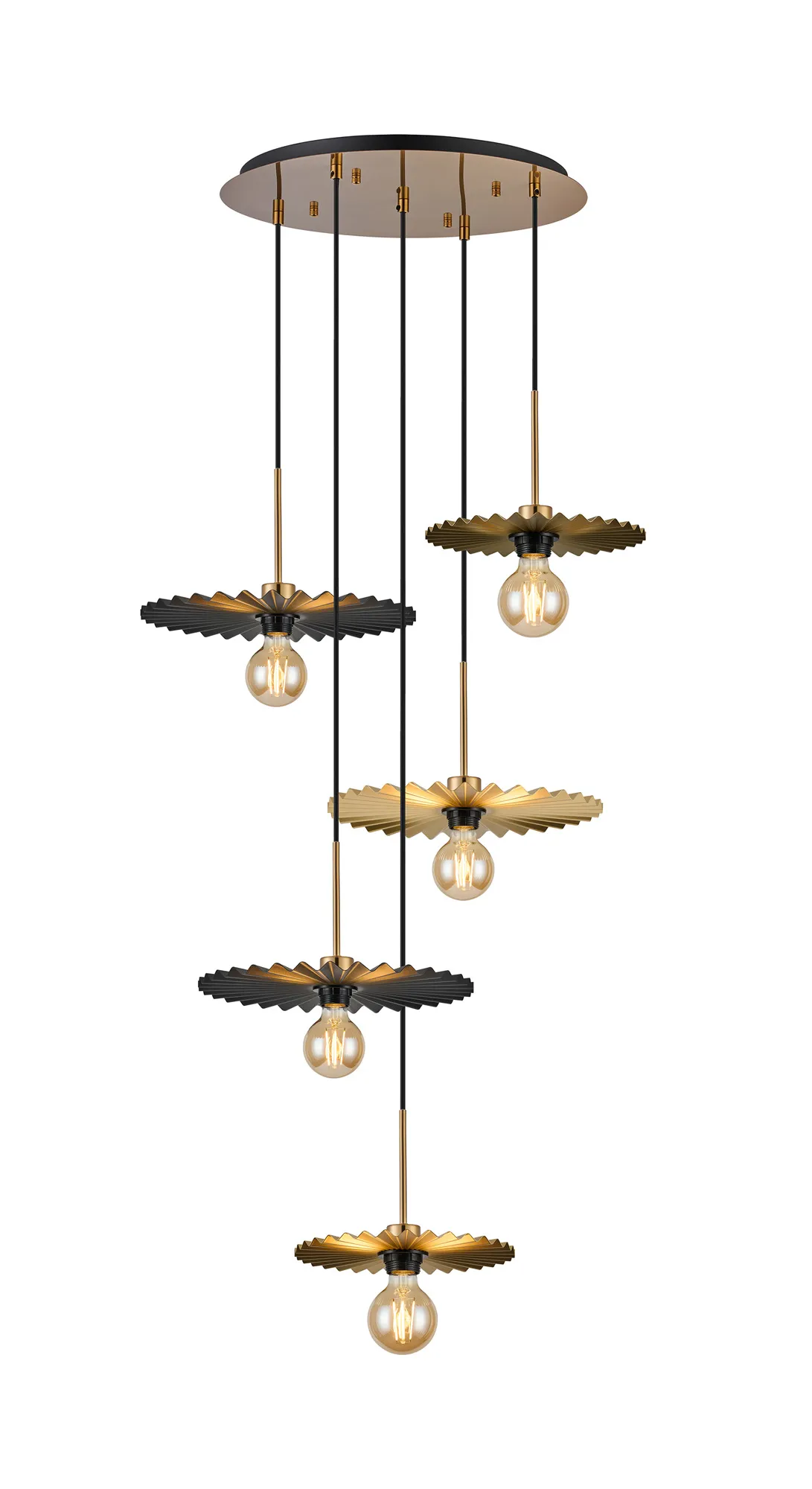 DK1203  Lori 45cm Round Pendant, 5 Light Adjustable E27, Antique Gold/Champagne Gold/Black Pleated Disc Metal Shades